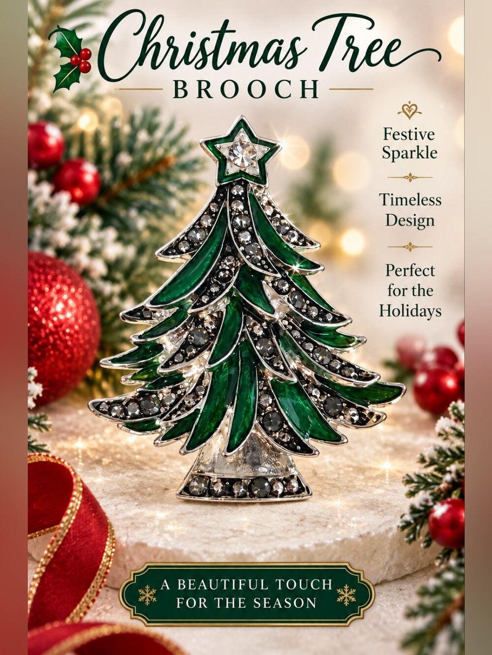 614 Festive Green Enamel Christmas Tree Brooch Pin